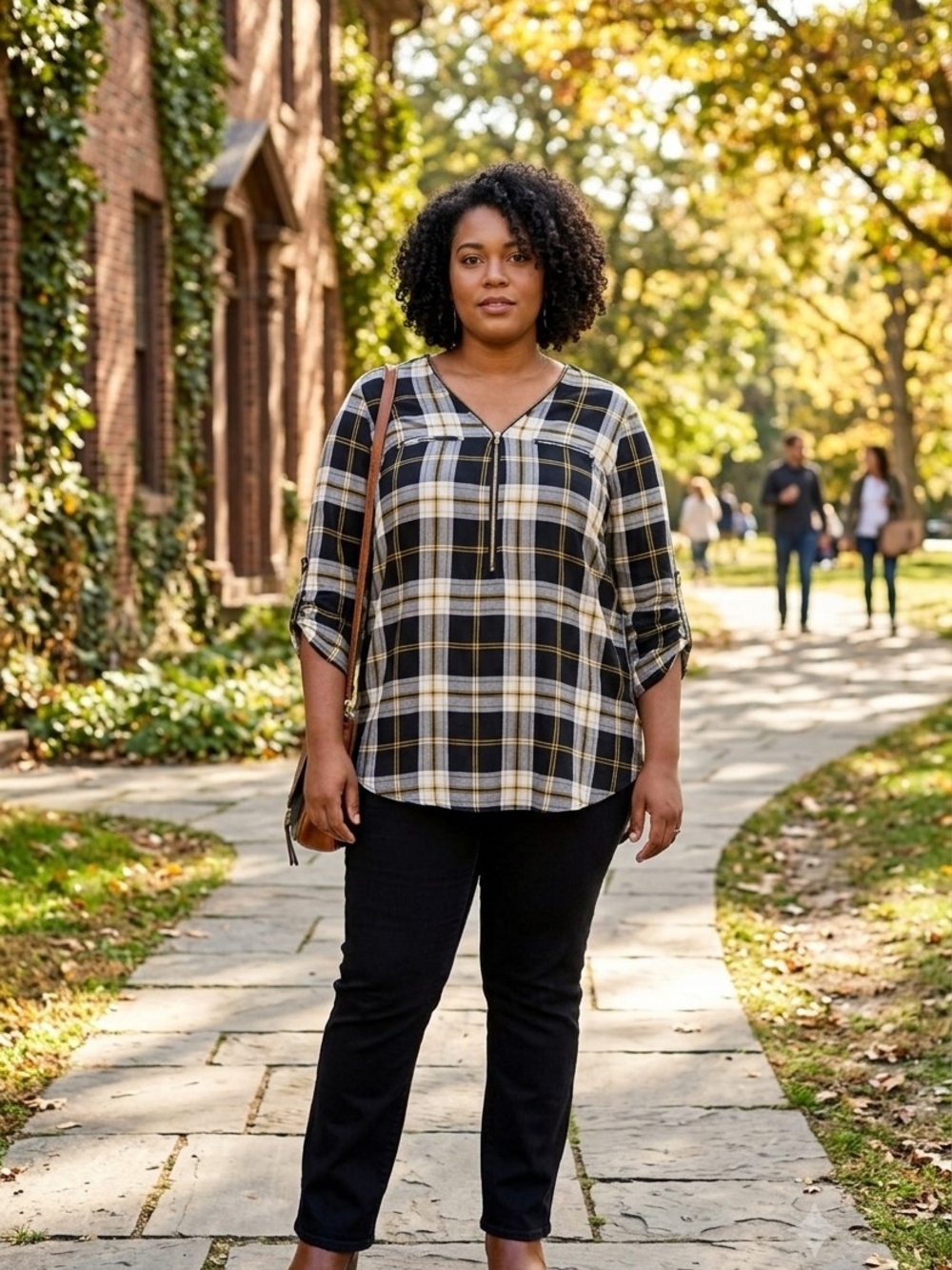 Miss Lili Black & Cream Plaid V-Neck Roll-tab Plaid 1/4 Zip Tunic 3X